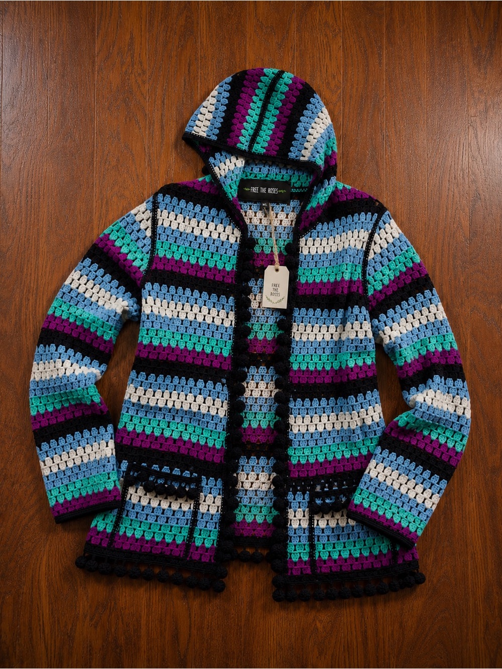 Free the Rose Crochet Hooded Cardigan - Multicolor Stripe Sz M/L